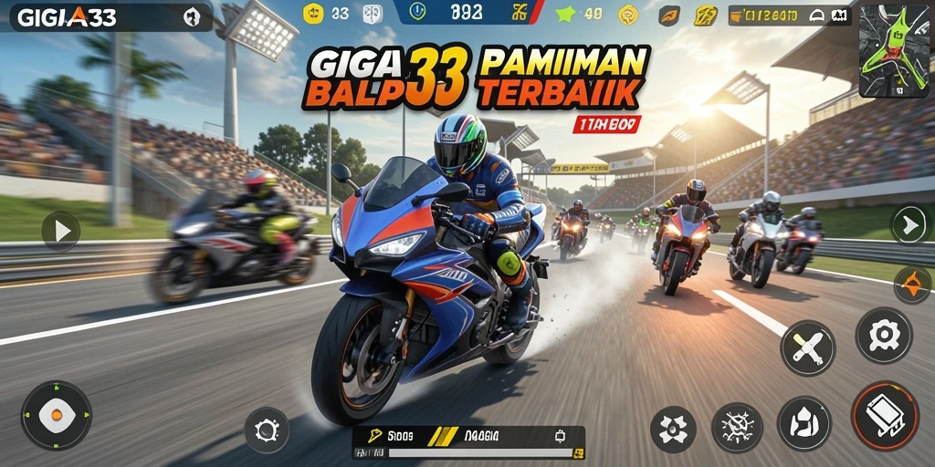 Tangkapan layar utama GIGA33 menampilkan aksi balap motor yang mendebarkan.