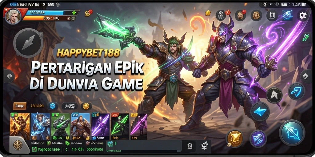 Tampilan utama gameplay <strong>HAPPYBET188</strong>, menunjukkan pertarungan seru antar karakter.