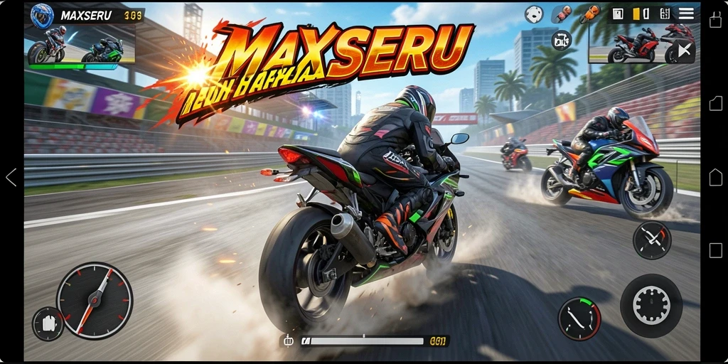 Screenshot gameplay MAXSERU yang menampilkan aksi balapan motor yang seru.
